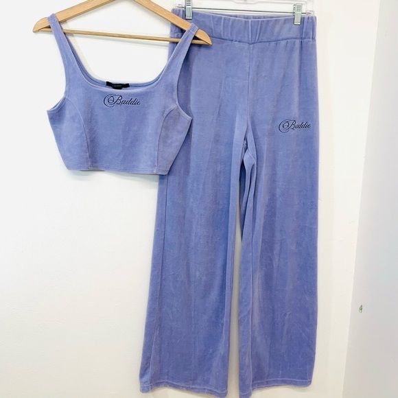 Forever 21 Y2K Purple Velour Outfit  Crop Top Wide Leg Velour Pull on Pants - Picture 1 of 14